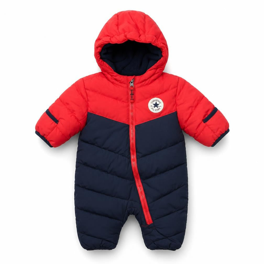 Converse Unisex Baby Red & Navy Puffer Snowsuit 0-3 Months Hooded Winter Suit