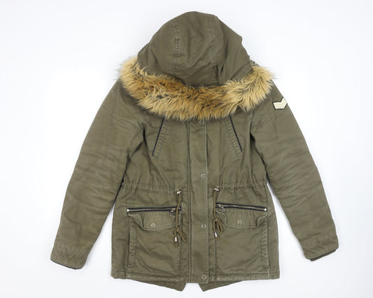 Pimkie Women's Green Fur Trim Hooded Parka Coat Size 10