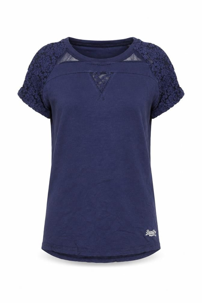 Superdry Womens Blue Lace Sleeve Short Sleeve Jersey T-Shirt Size S