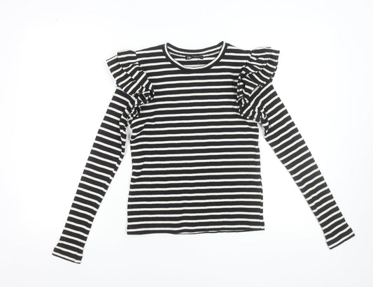 Zara Womens Black Striped Ruffle Long Sleeve T-Shirt Size S