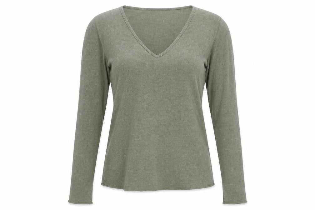 Mango Women's Green Long Sleeve V-Neck Slim Fit Jersey Top Size M
