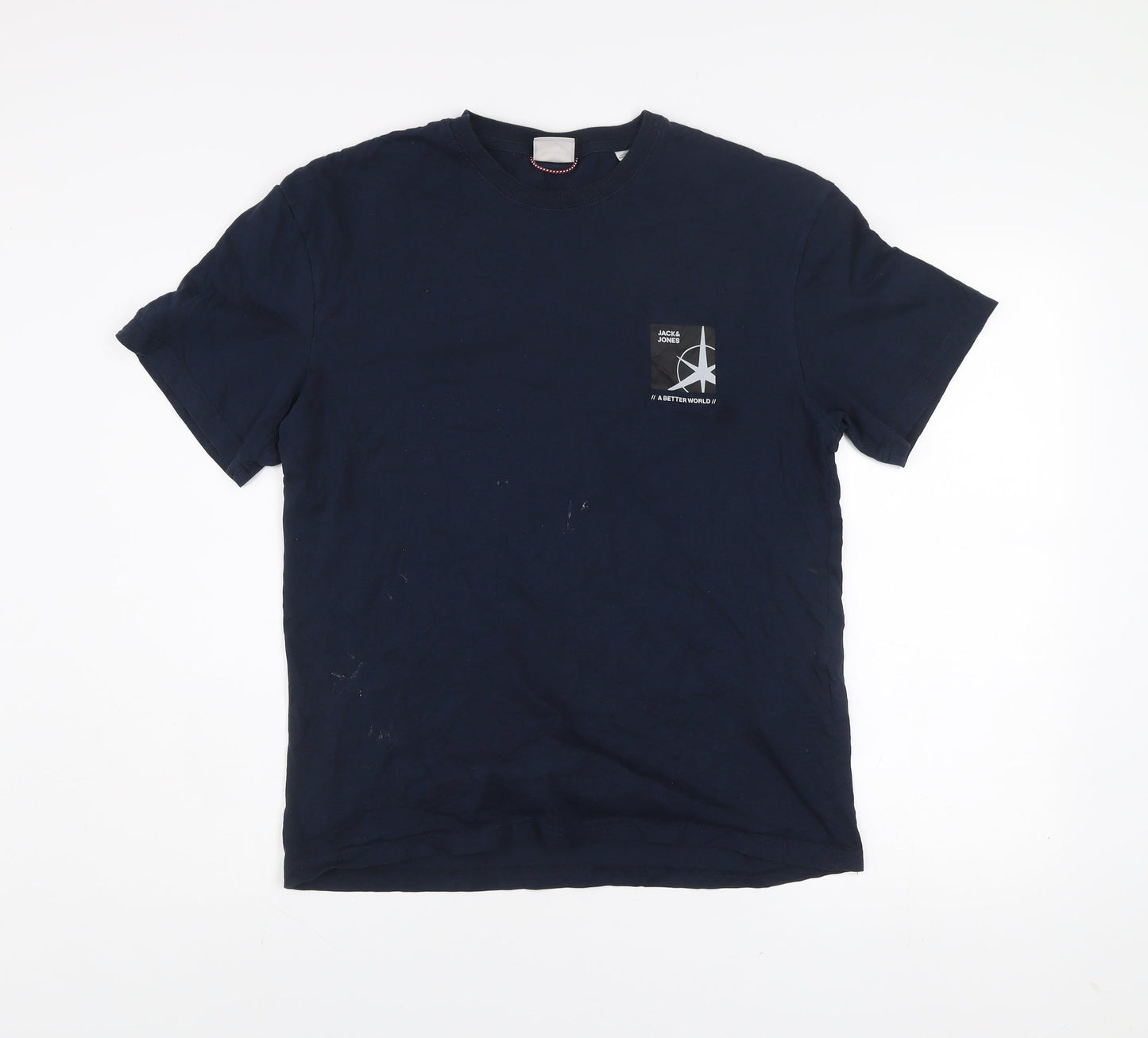 Jack & Jones Men's Blue Medium Cotton Crew Neck Graphic T-Shirt