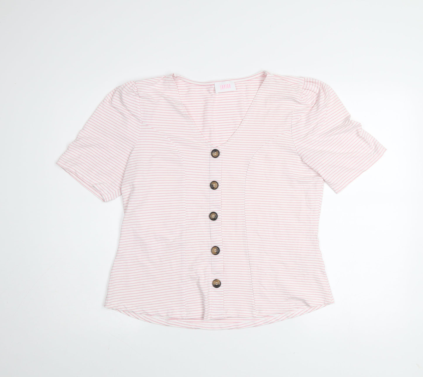 Savida Women Light Pink Striped Button Blouse Size 16 V-Neck