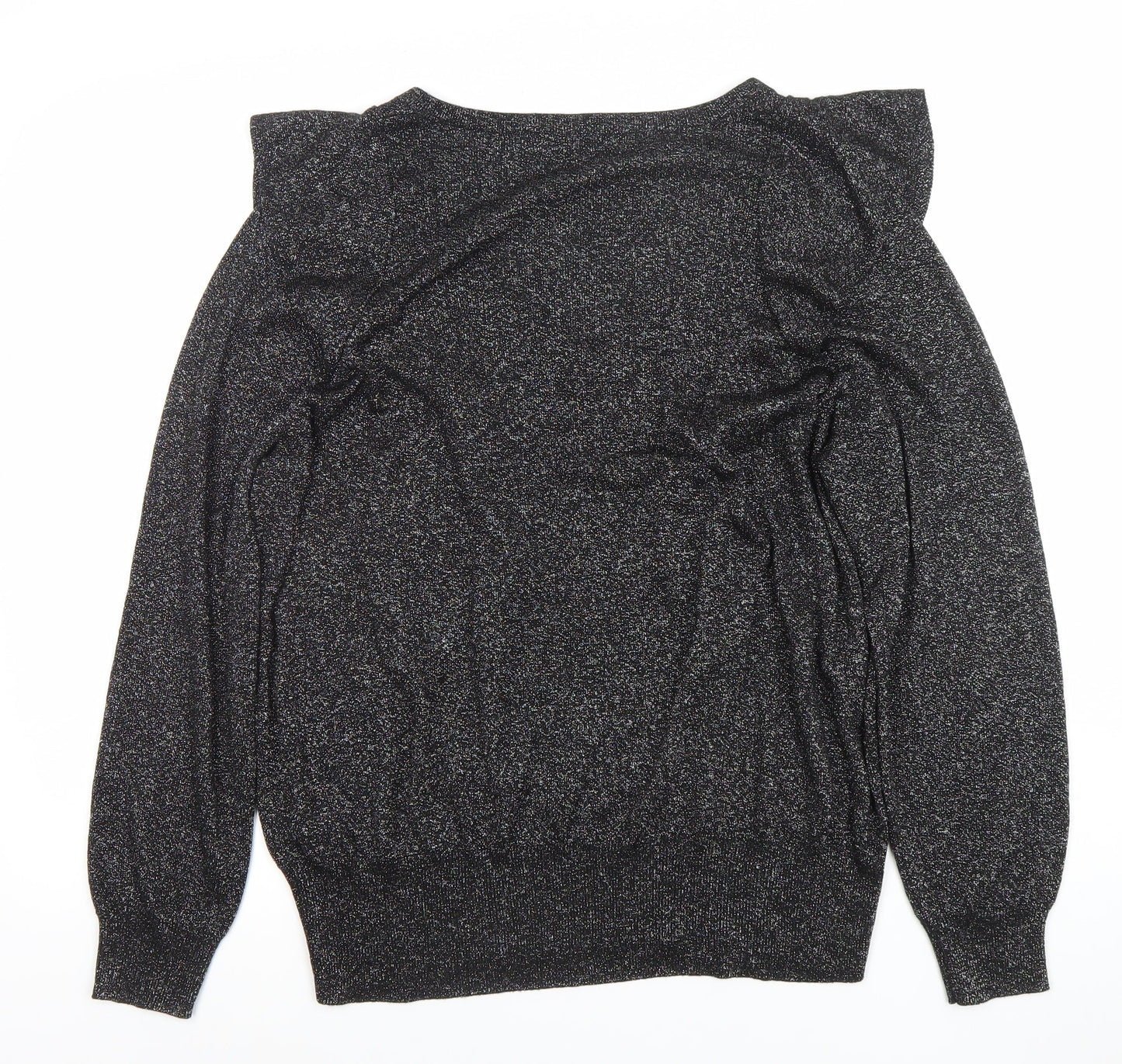 Next Women Black L V-Neck Ruffle Glitter Pullover Jumper