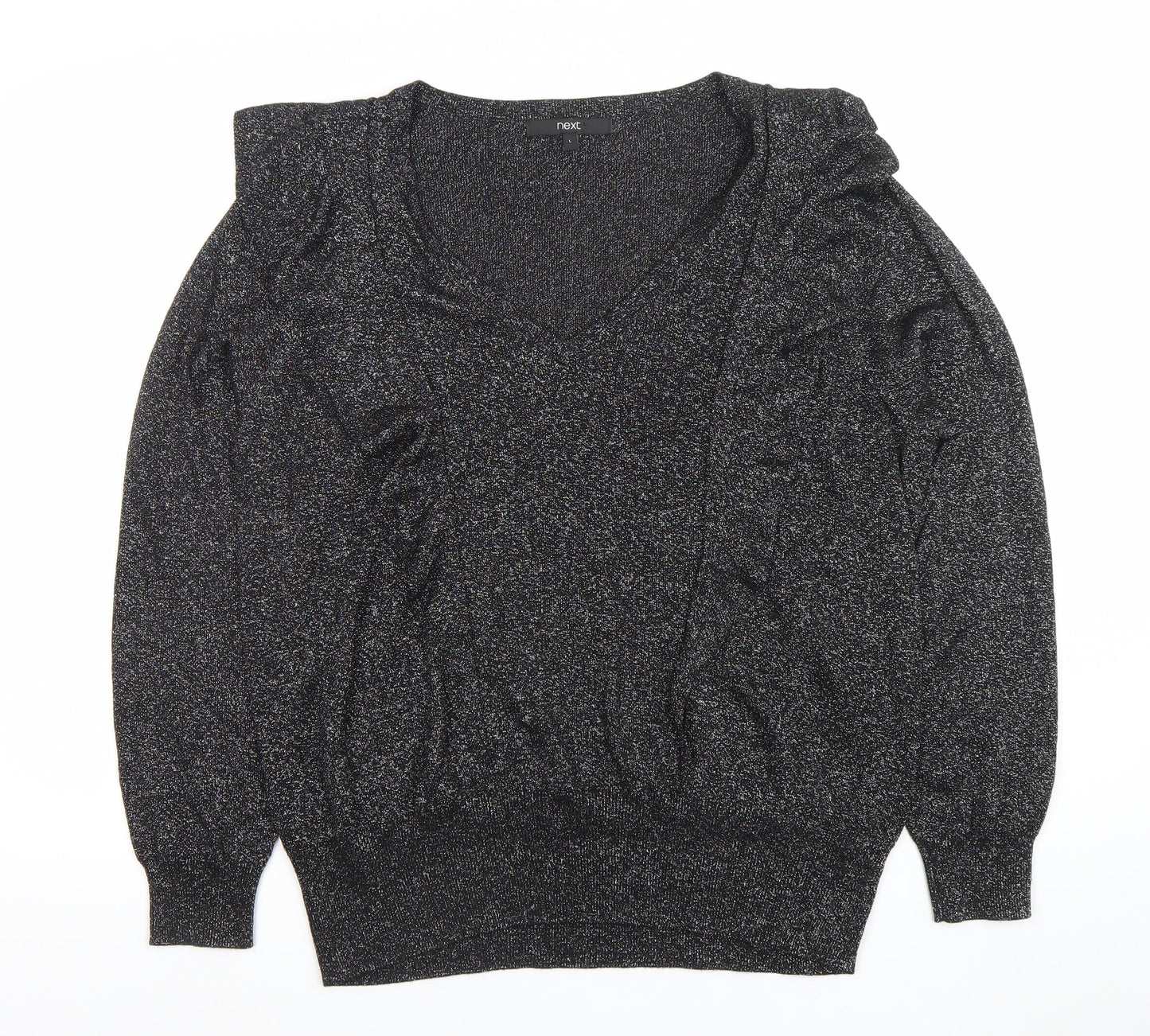 Next Women Black L V-Neck Ruffle Glitter Pullover Jumper