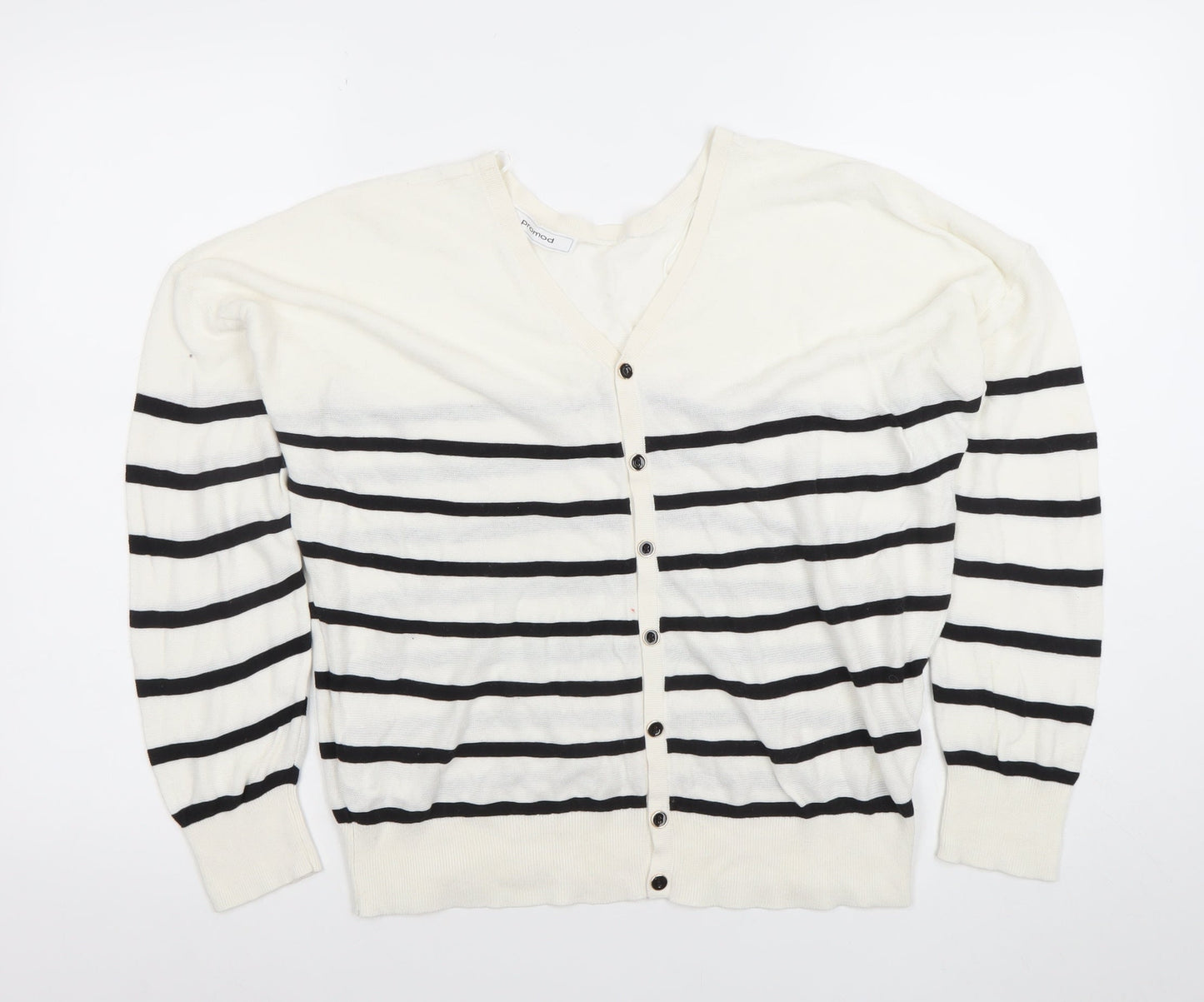 Promod Women White Black Striped V-Neck Button Cardigan M