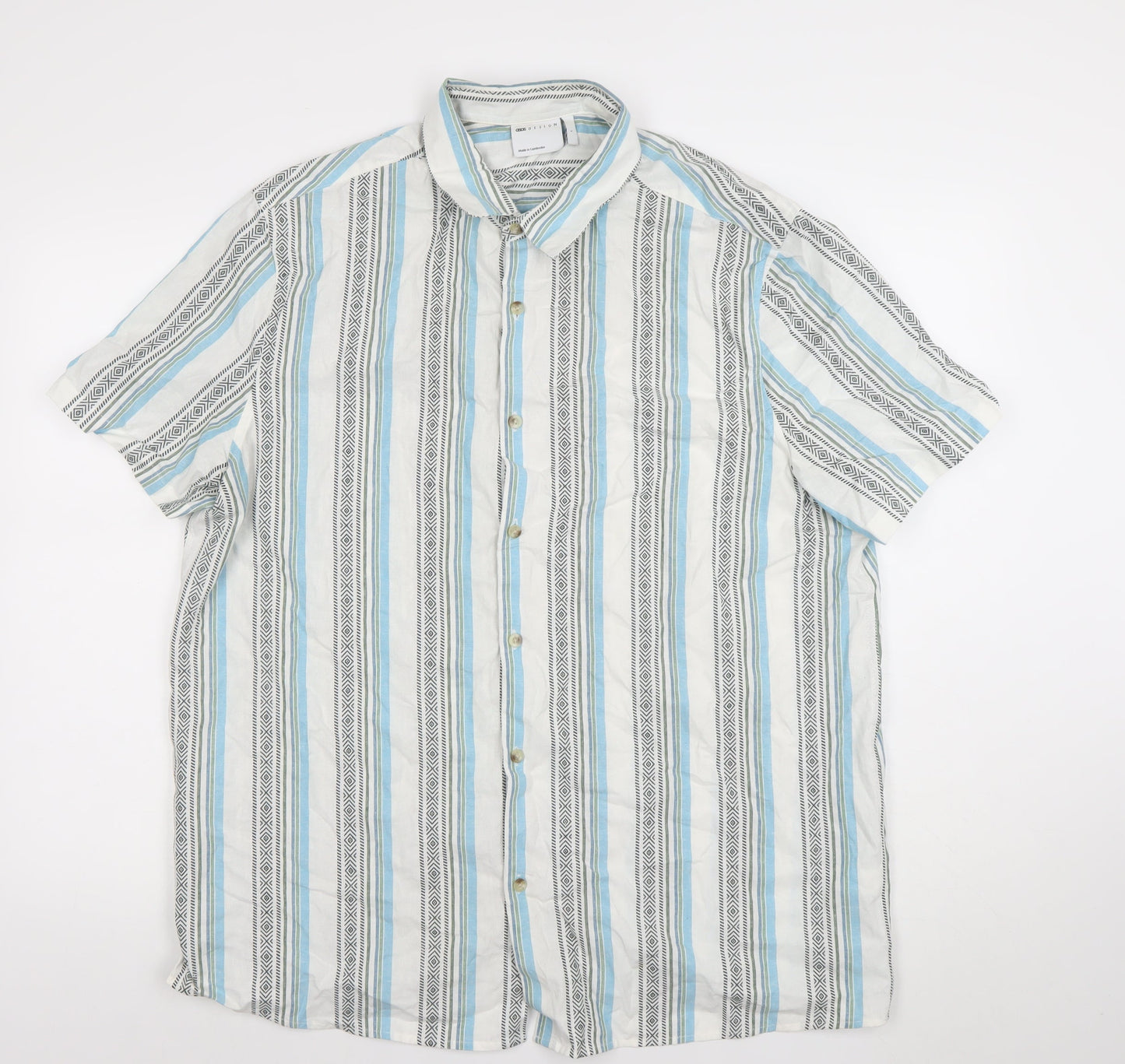 ASOS DESIGN Men's Multicoloured Striped Short Sleeve Cotton Shirt L