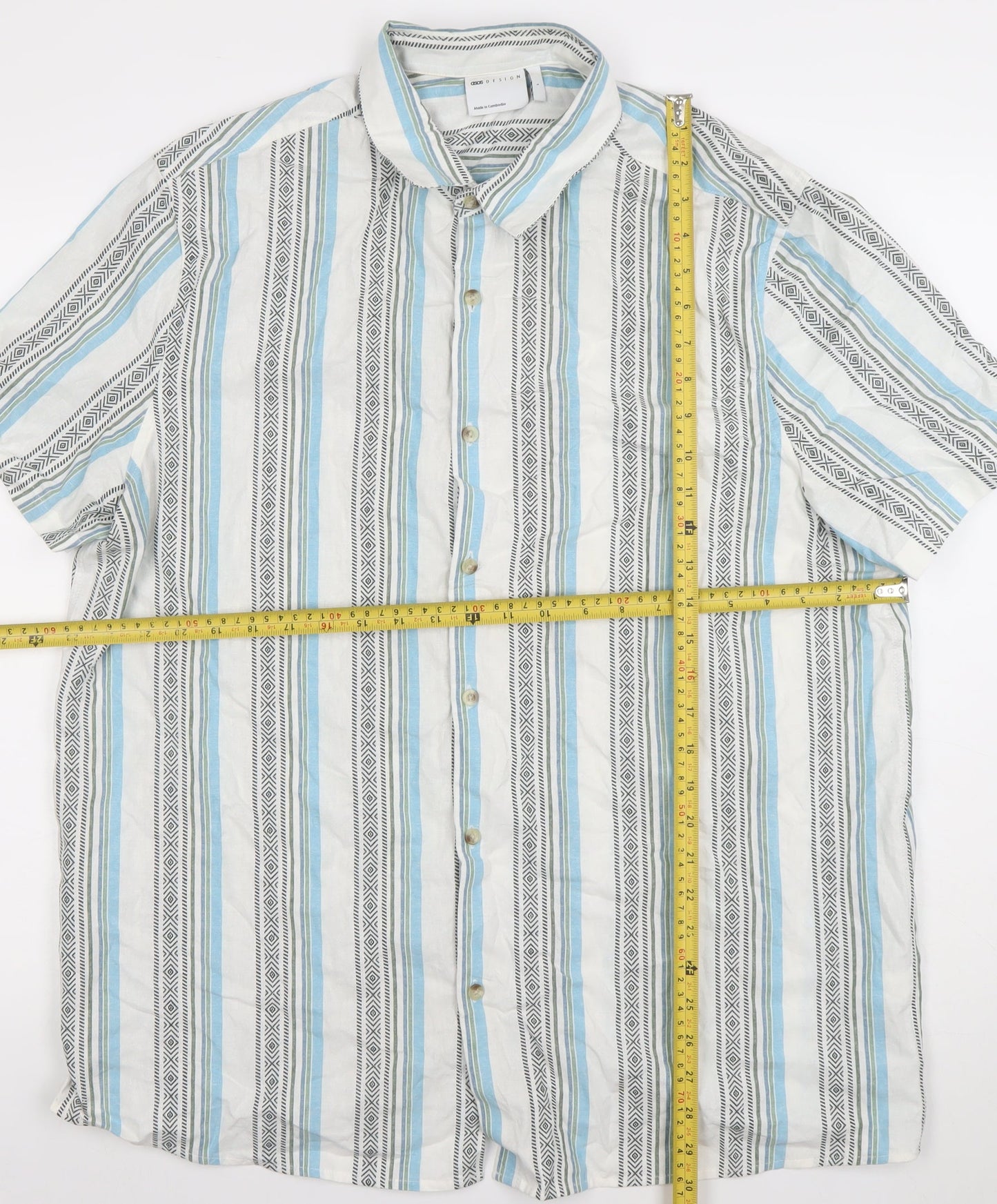 ASOS DESIGN Men's Multicoloured Striped Short Sleeve Cotton Shirt L