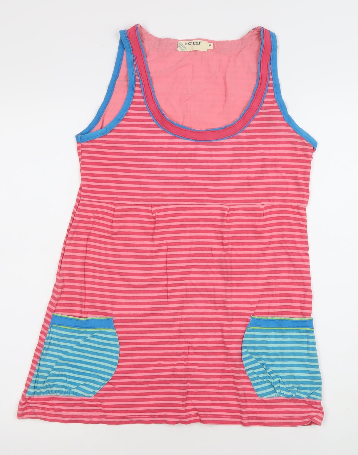 ICHI Women's Pink Striped Cotton Sleeveless Tank Top M
