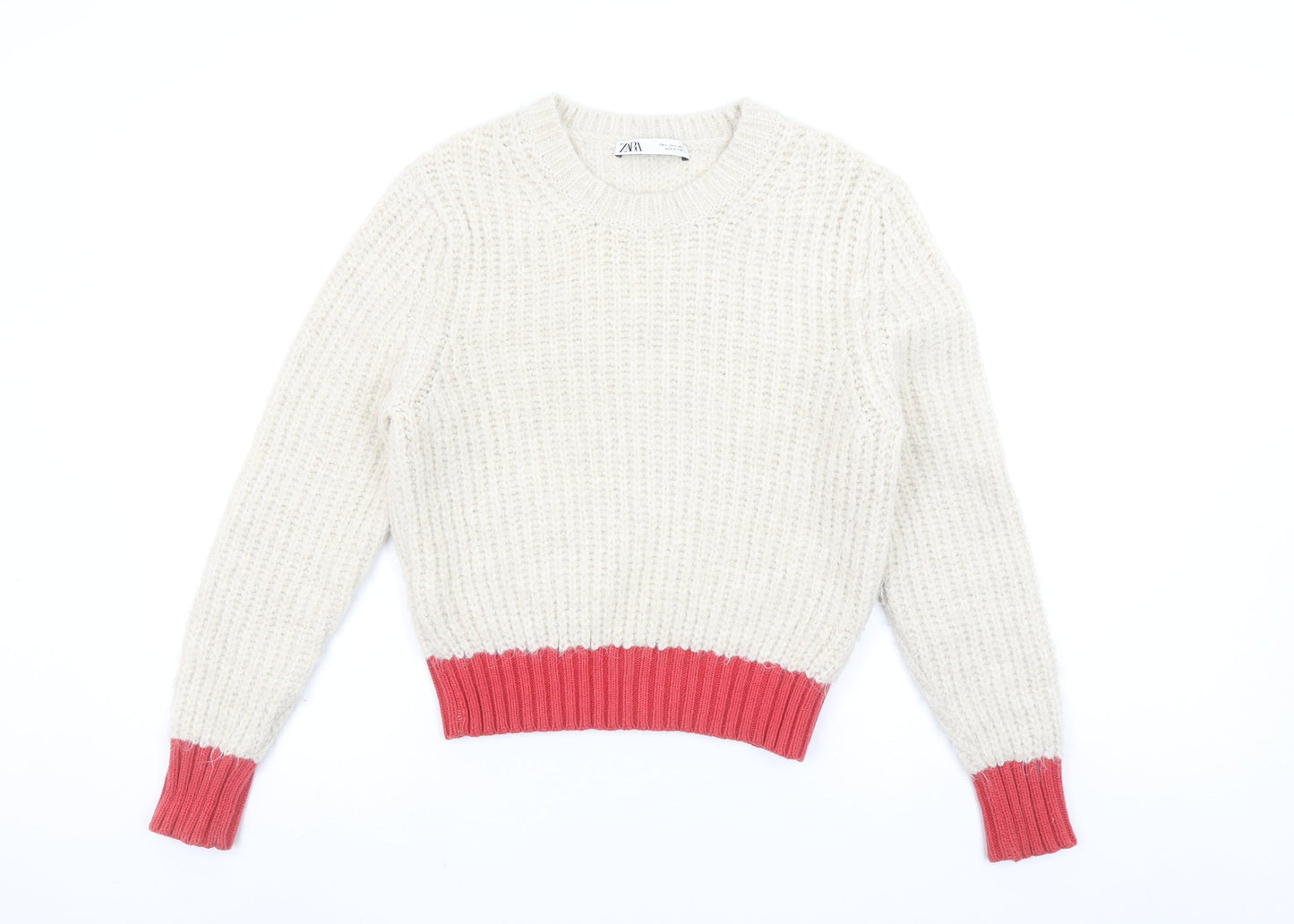 Zara Women’s Cream & Red Knit Jumper Size S Crew Neck Long Sleeve