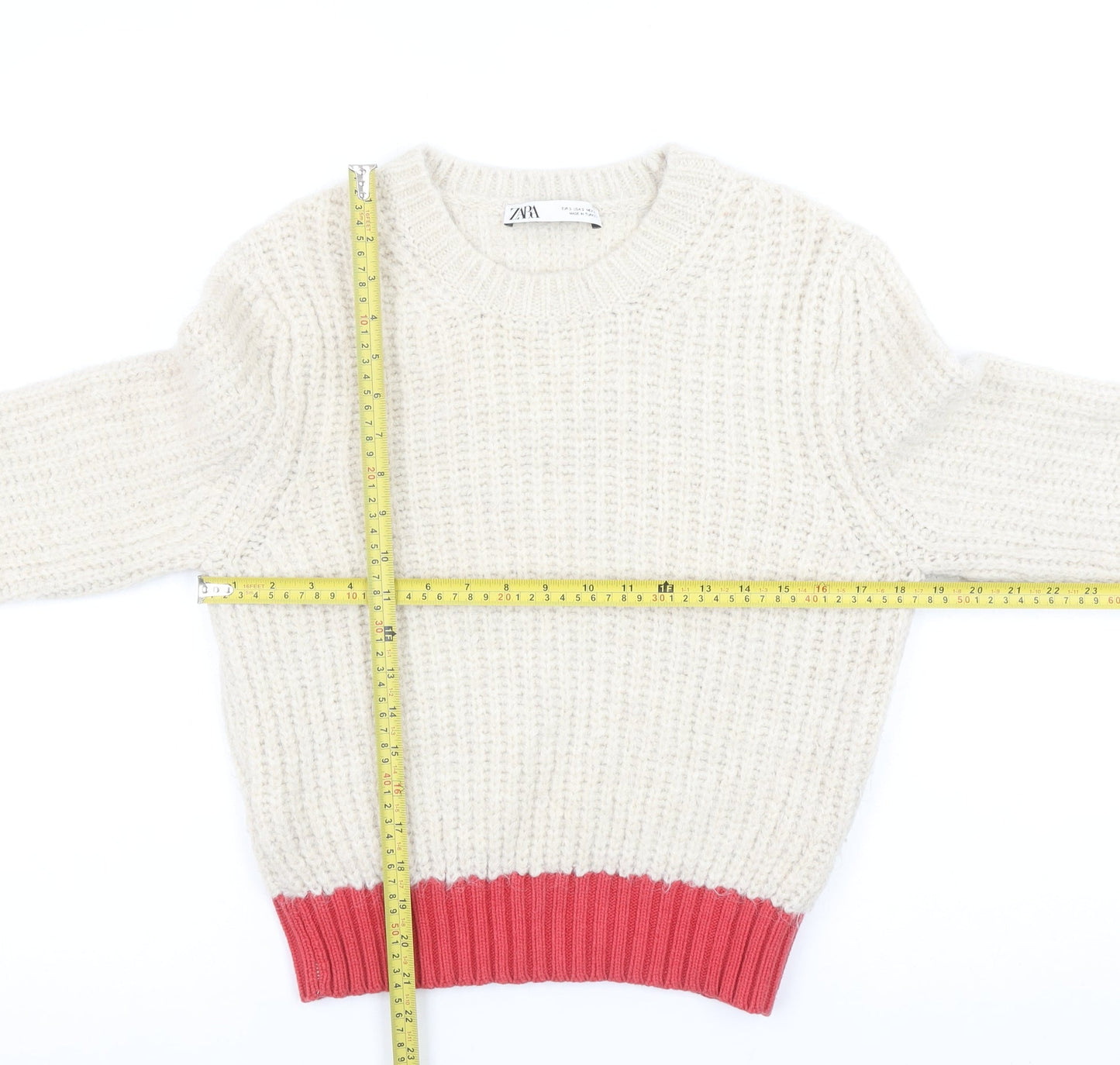 Zara Women’s Cream & Red Knit Jumper Size S Crew Neck Long Sleeve