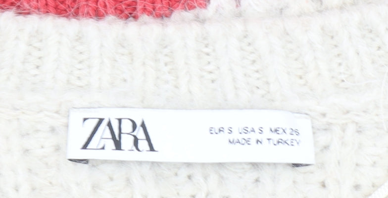 Zara Women’s Cream & Red Knit Jumper Size S Crew Neck Long Sleeve