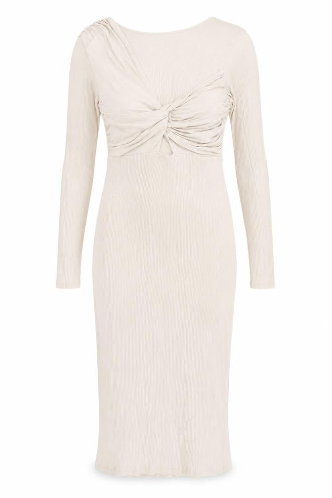 Front view of ASOS DESIGN Women Beige, size 10, Bodycon Midi Dress Long Sleeve