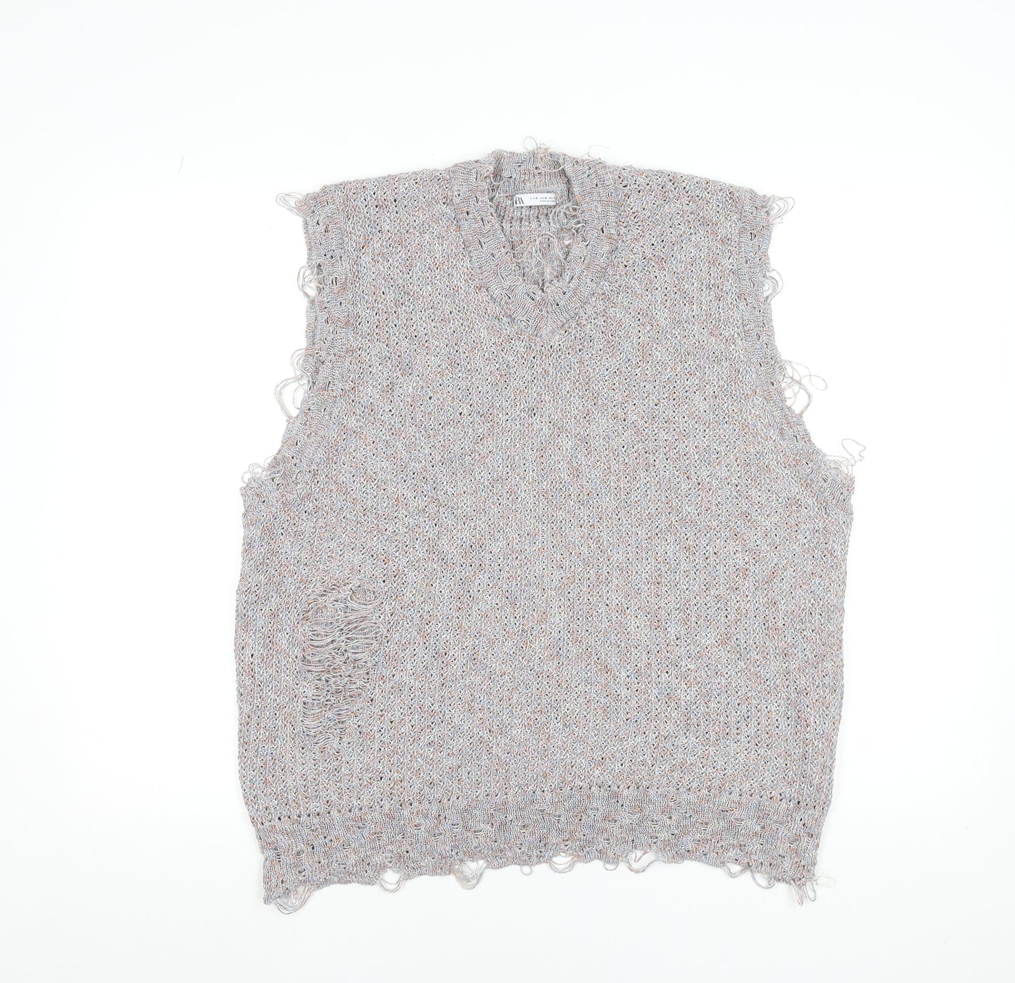 Zara Women Grey Distressed V-Neck Knit Vest Jumper Size 12