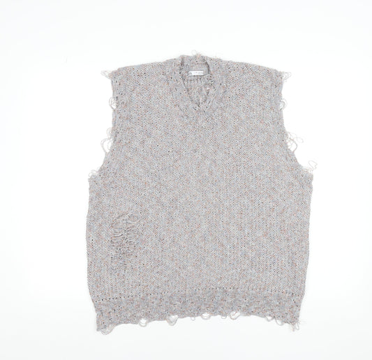 Zara Women Grey Distressed V-Neck Knit Vest Jumper Size 12