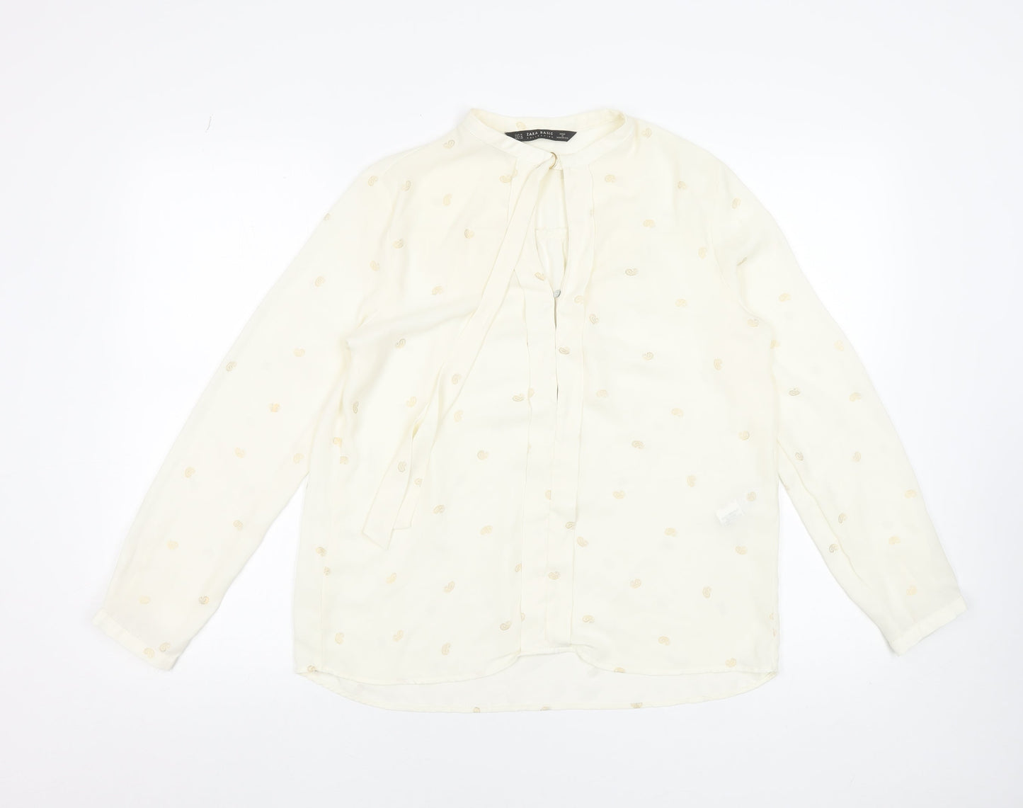 Zara Women Ivory Polka Dot Long Sleeve Bow Blouse Size 12