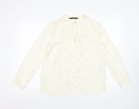 Zara Women Ivory Polka Dot Long Sleeve Bow Blouse Size 12