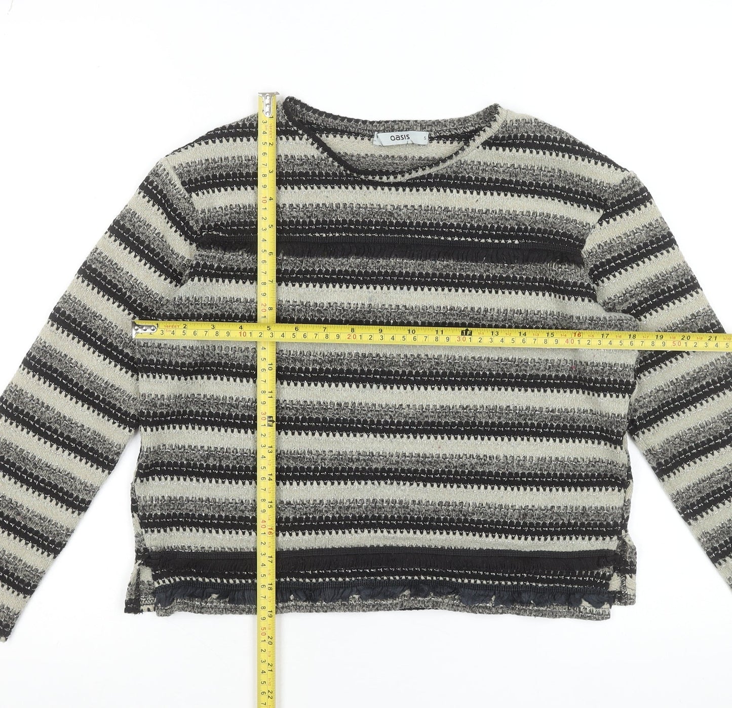 Oasis Women Grey Striped Crew Neck Knit Jumper Size S