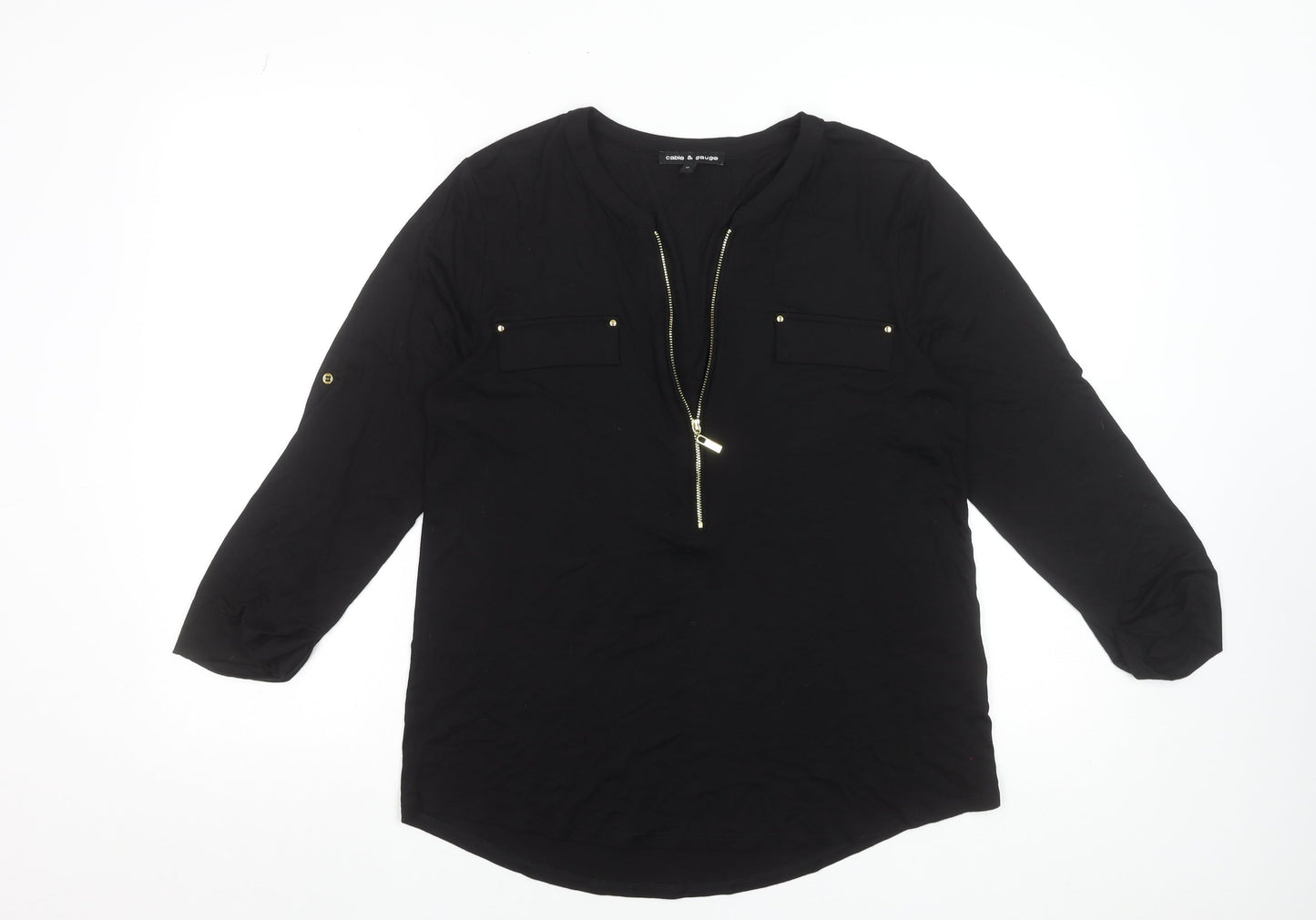 Cable & Gauge Womens Black Long Sleeve Zip Front V-Neck Blouse Size M