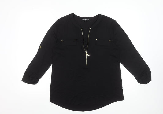 Cable & Gauge Womens Black Long Sleeve Zip Front V-Neck Blouse Size M