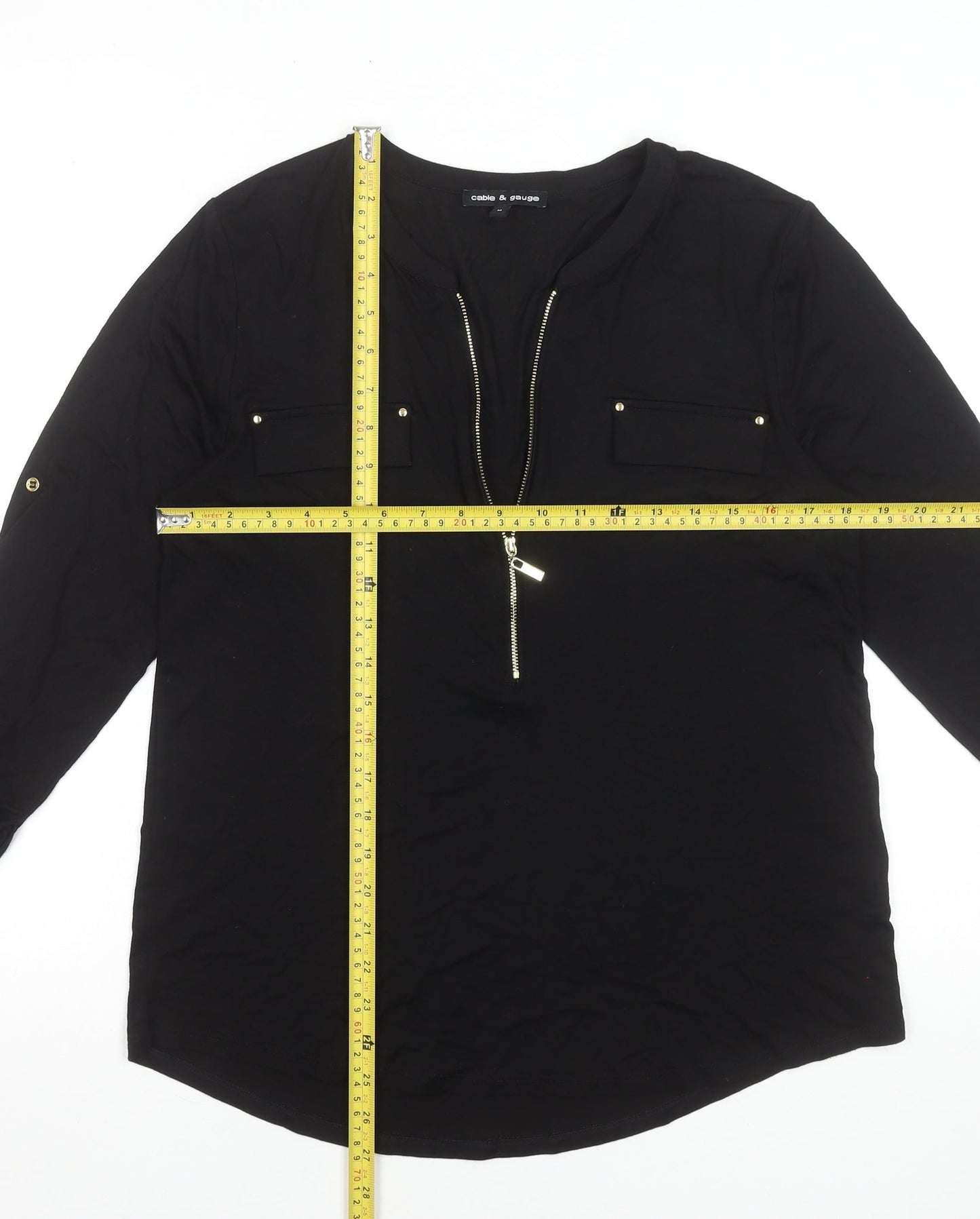 Cable & Gauge Womens Black Long Sleeve Zip Front V-Neck Blouse Size M