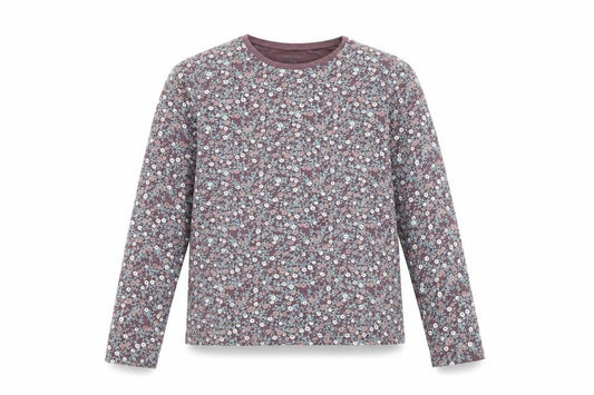 Front view of NAME IT girls’ purple floral long sleeve organic cotton t-shirt 11-12 years