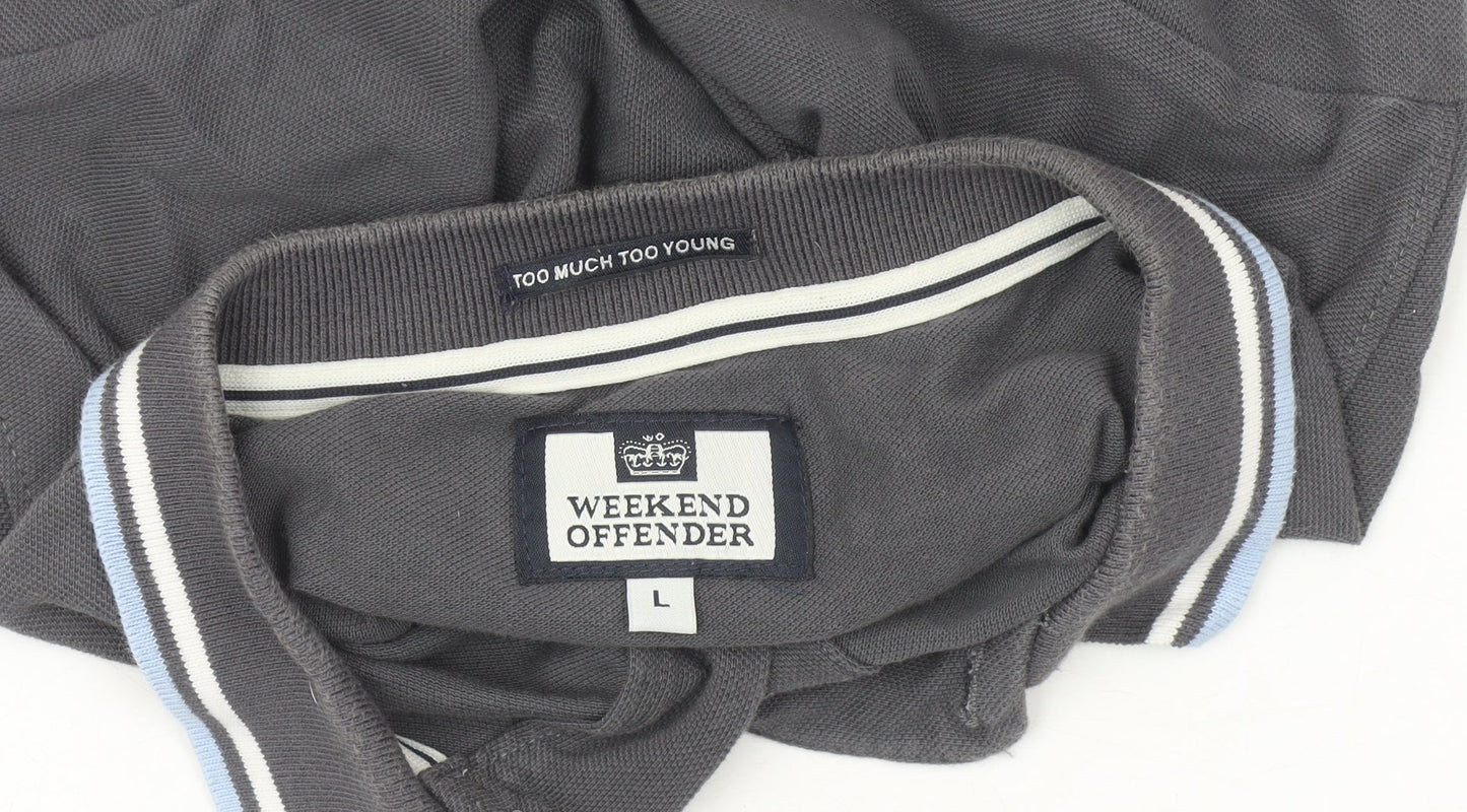 Weekend Offender Men's Grey Long Sleeve Polo Shirt L Regular Fit