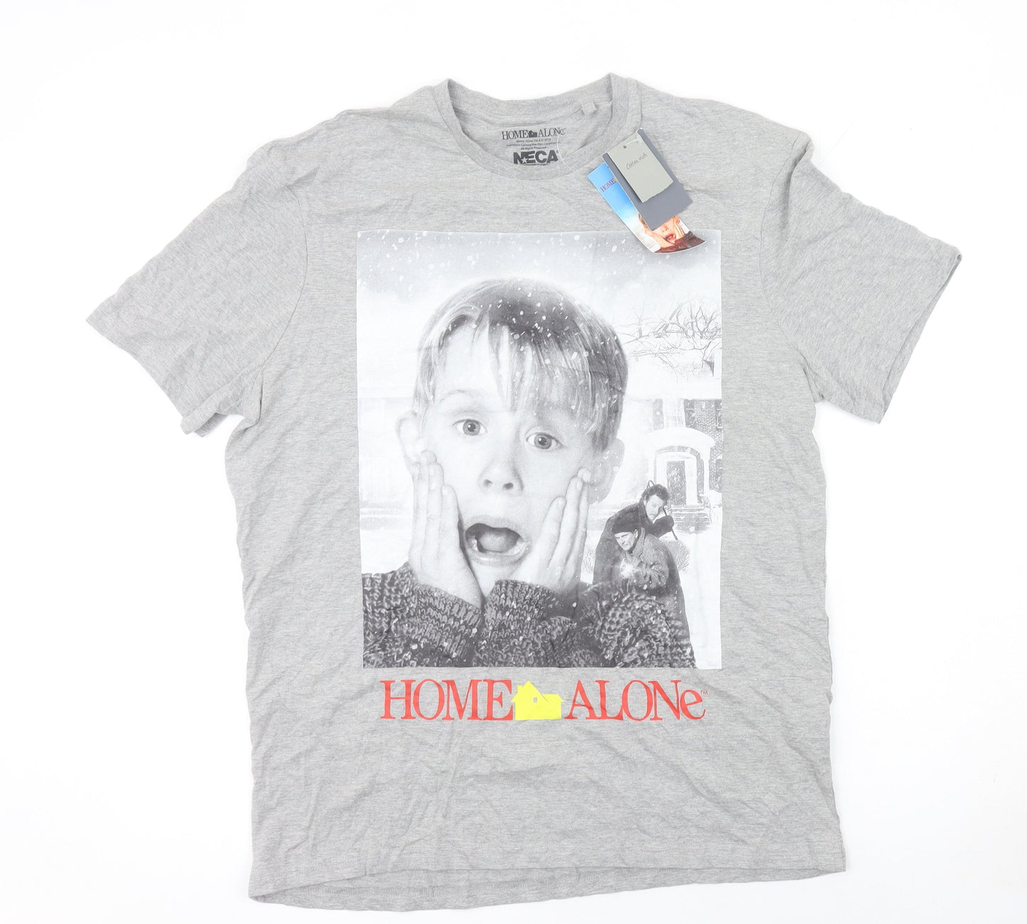 Home Alone Grey Graphic Print Men's T-Shirt Size L Cotton Blend