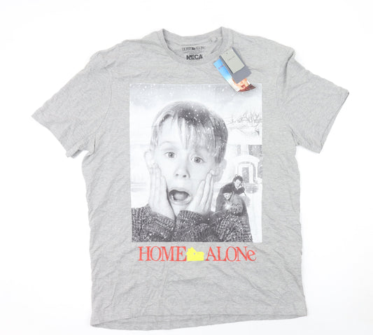Home Alone Grey Graphic Print Men's T-Shirt Size L Cotton Blend