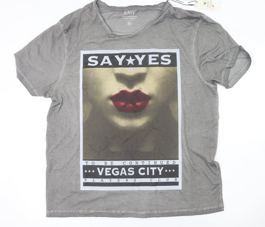 Easy Men’s Grey XL Graphic Print Crew Neck Cotton T-Shirt