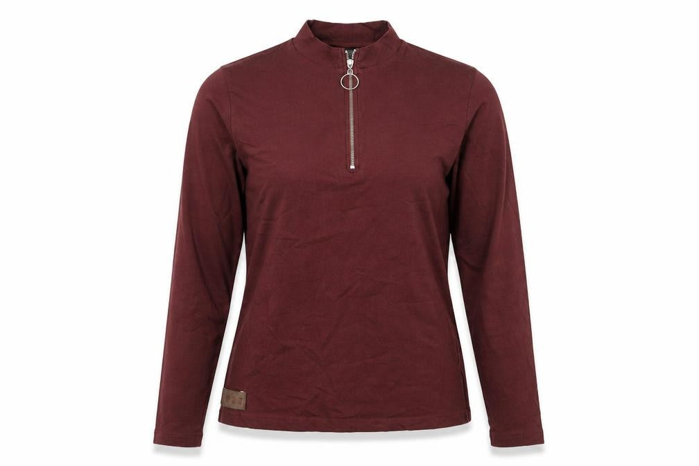 Women's Brown High Neck Zip Long Sleeve Cotton Top UK 10