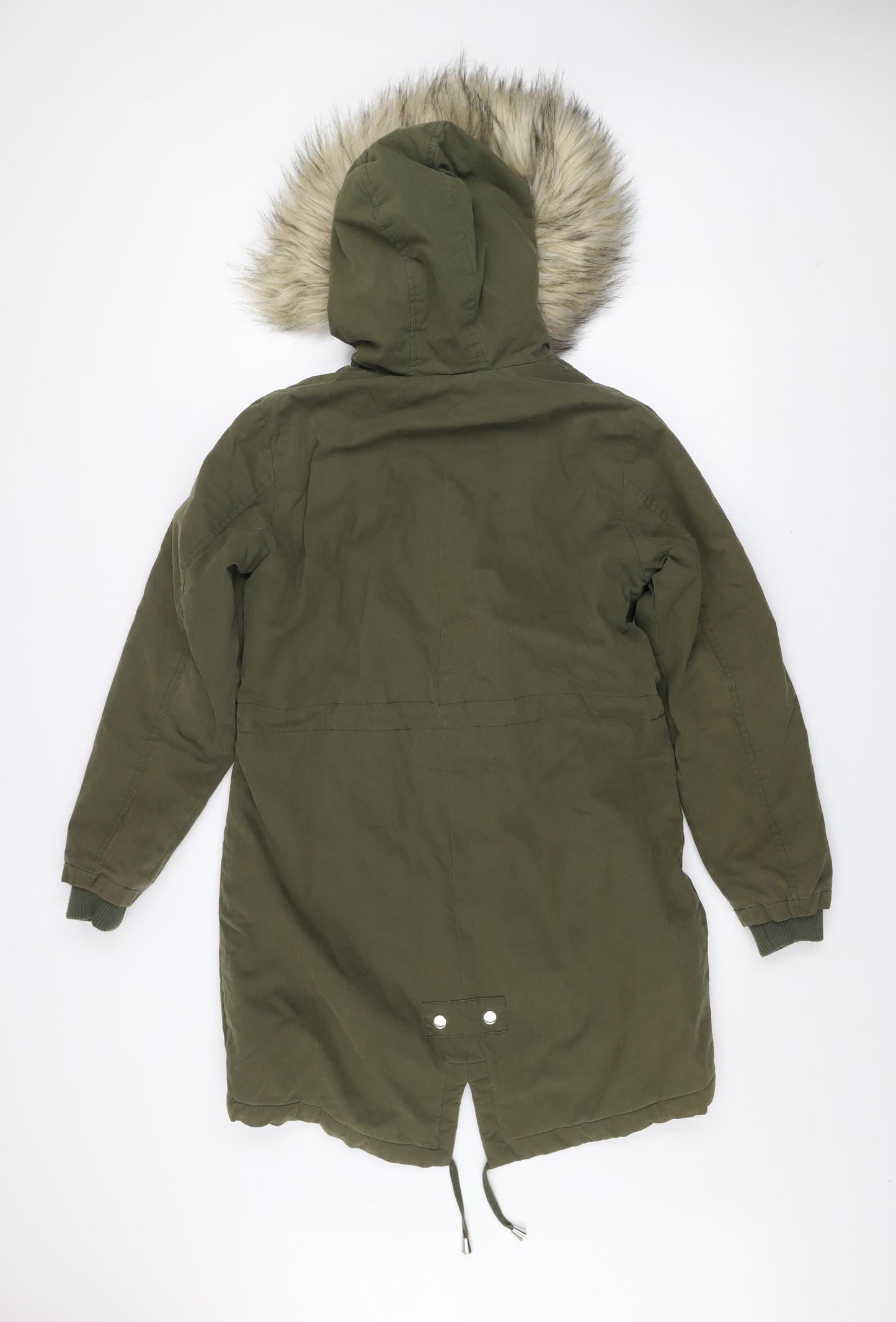 New Look Women's Green Parka Coat Size 8 Fur Trim Hooded Winter Jacket