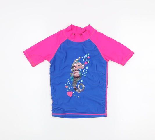 Mountain Warehouse Girls Blue & Pink Sequin Seahorse Rash Guard Top 5-6 Years