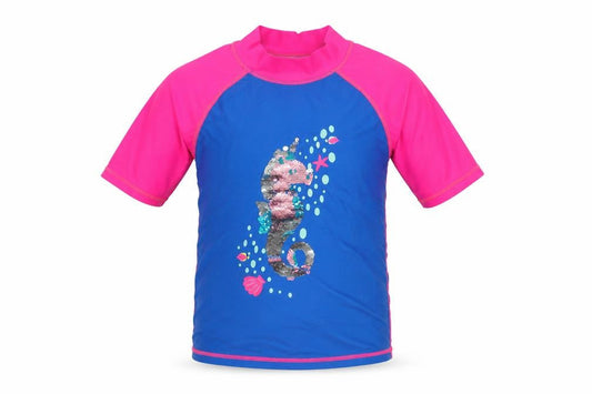 Front view of Mountain Warehouse girls’ blue & pink sequin seahorse rash guard top 5-6 years