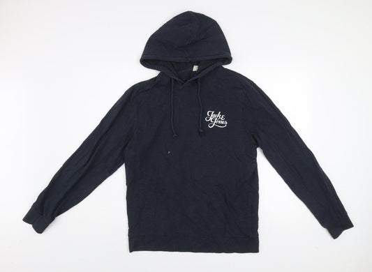 Jack & Jones Mens Blue Pullover Hoodie Medium Graphic Logo Cotton Blend