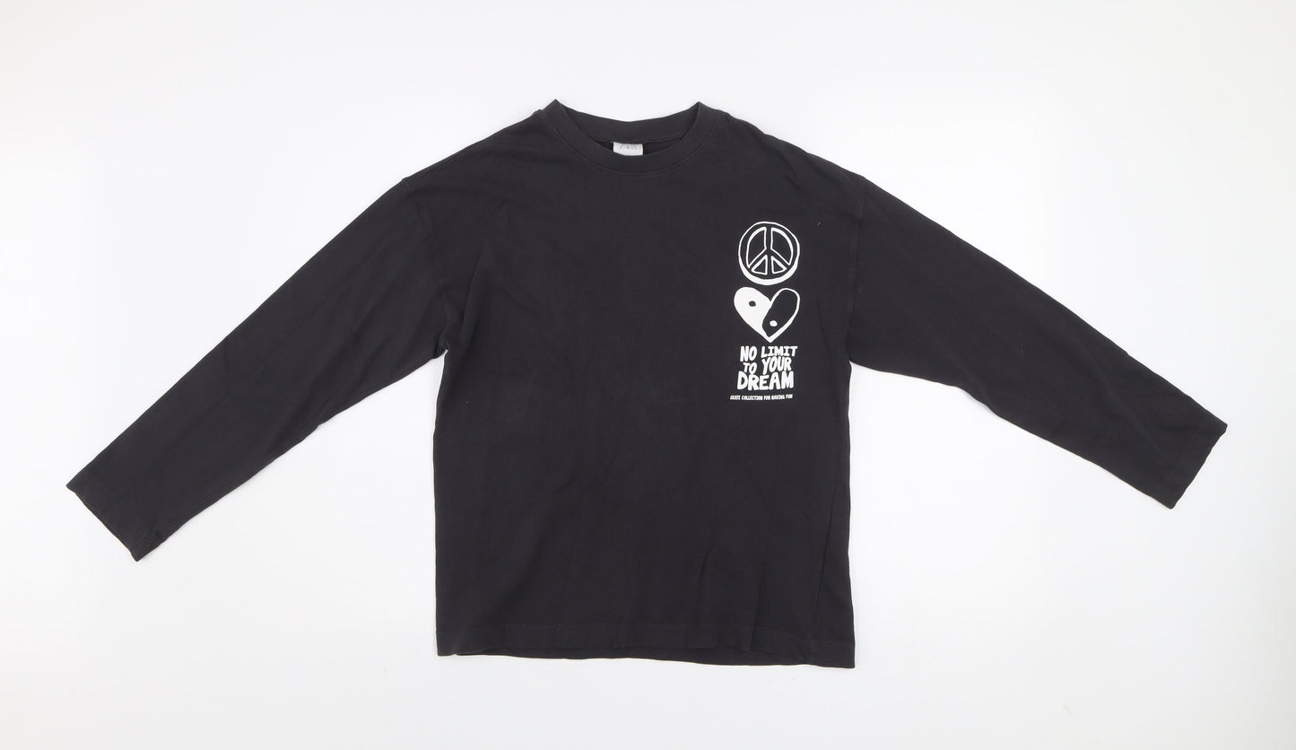 Zara Boys Black Long Sleeve Graphic T-Shirt 11-12 Years Cotton Crew Neck