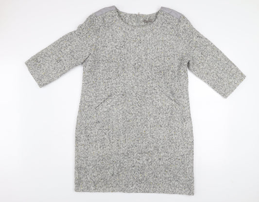 First Avenue Women’s Grey Shift Dress L 3/4 Sleeve Zip Back Tweed Look
