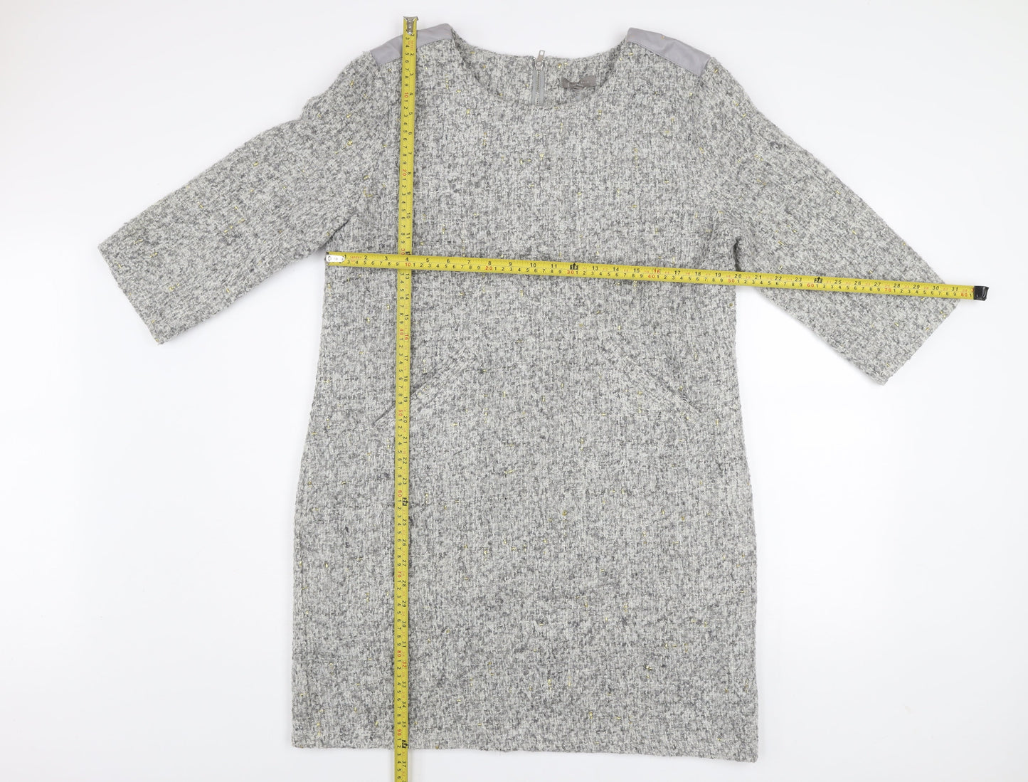 First Avenue Women’s Grey Shift Dress L 3/4 Sleeve Zip Back Tweed Look
