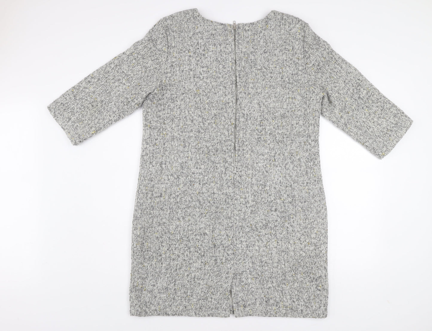 First Avenue Women’s Grey Shift Dress L 3/4 Sleeve Zip Back Tweed Look