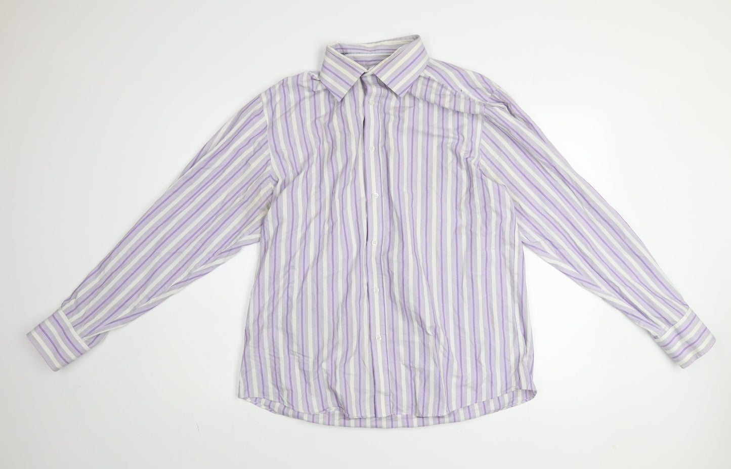 BHS Men's Purple Striped Non-Iron Long Sleeve Cotton Blend Shirt Size 16.5 Regular