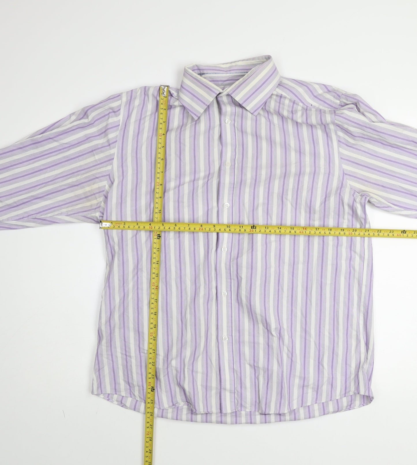 BHS Men's Purple Striped Non-Iron Long Sleeve Cotton Blend Shirt Size 16.5 Regular