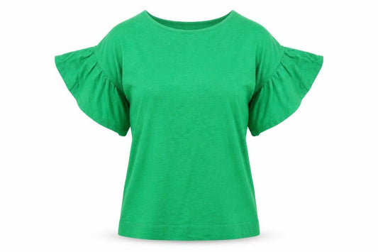 Front view of L.K. Bennett Women’s Green Flutter Sleeve Cotton Blend T-Shirt XS