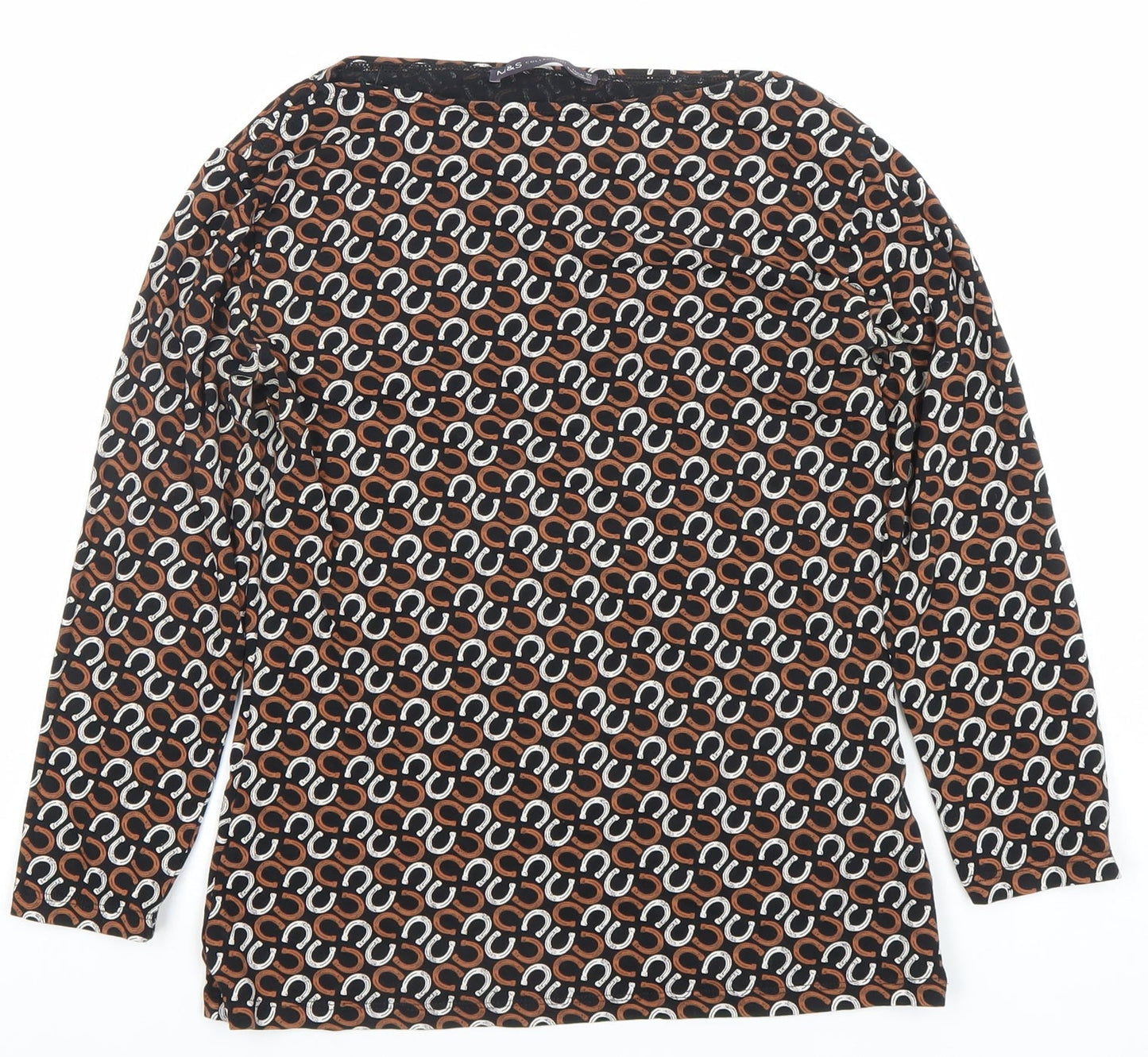Marks and Spencer Women Brown Geometric Long Sleeve Jersey Blouse Size 10