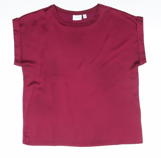 VILA Womens Purple Satin Blouse Size 10 Short Sleeve Crew Neck