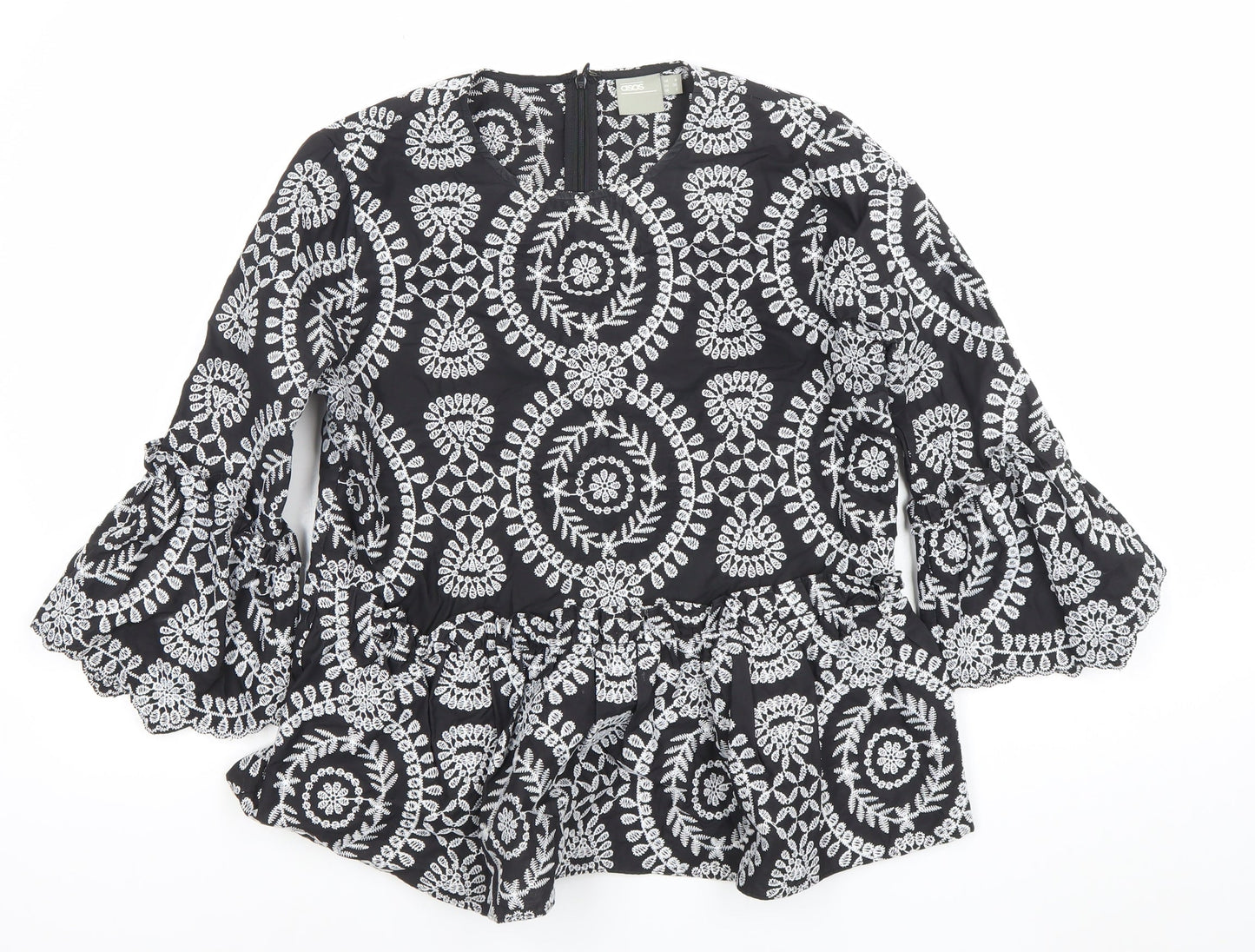 ASOS Women’s Black Embroidered Boho Peplum Tunic Blouse Size 10
