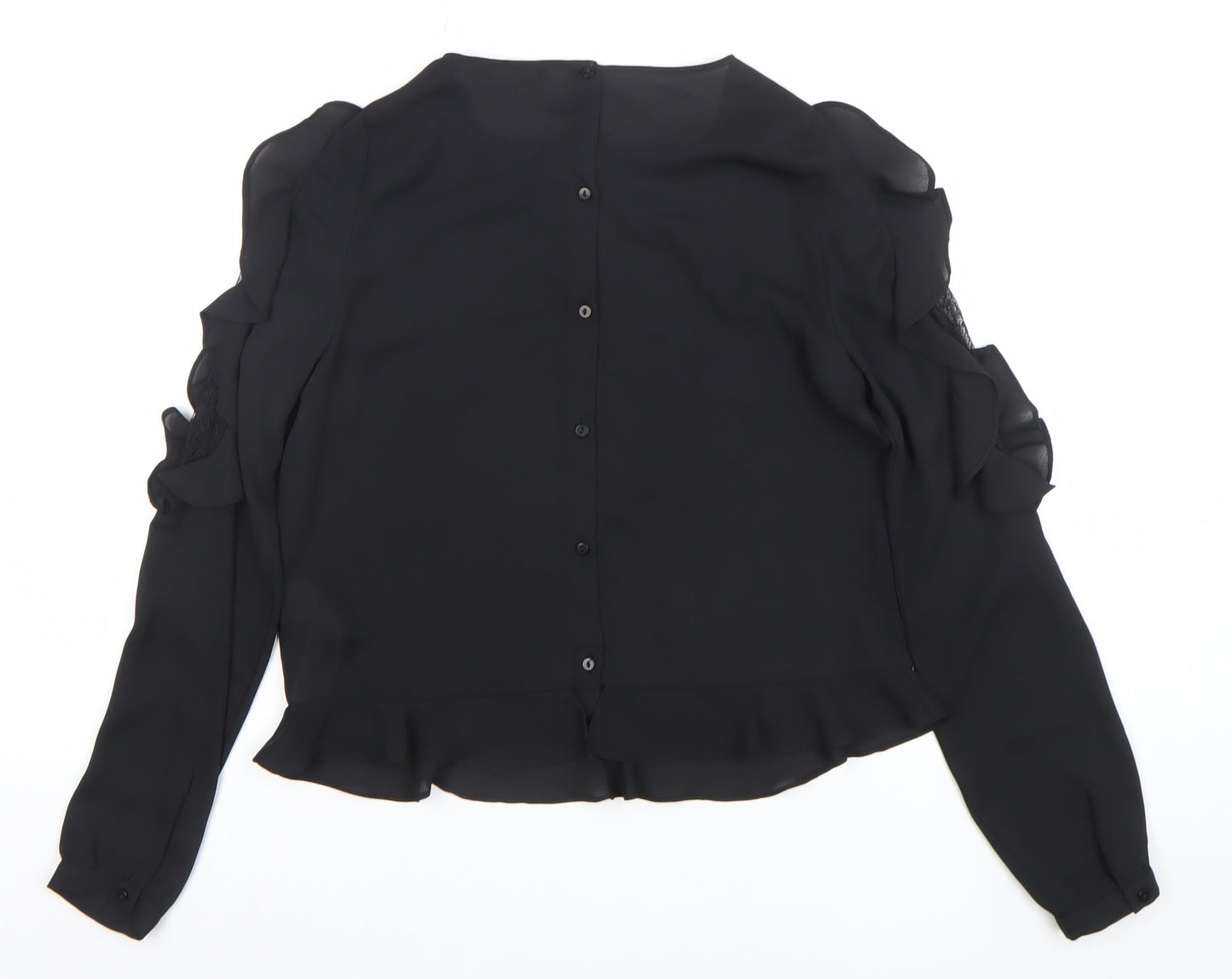 Zara Women Black Ruffle Lace Long Sleeve Tunic Blouse XS