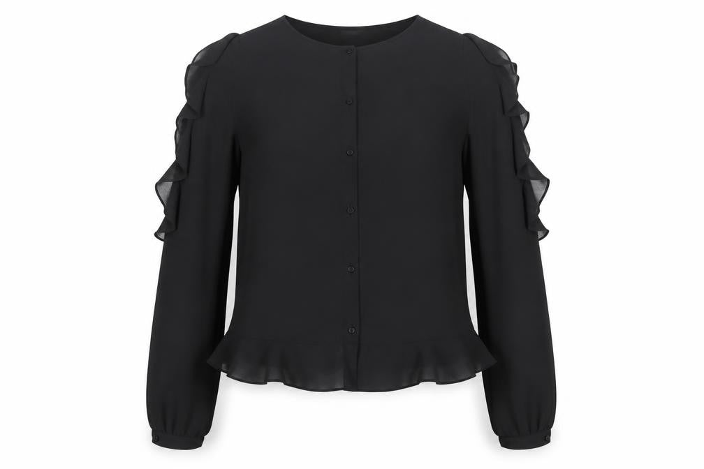 Zara Women Black Ruffle Lace Long Sleeve Tunic Blouse XS
