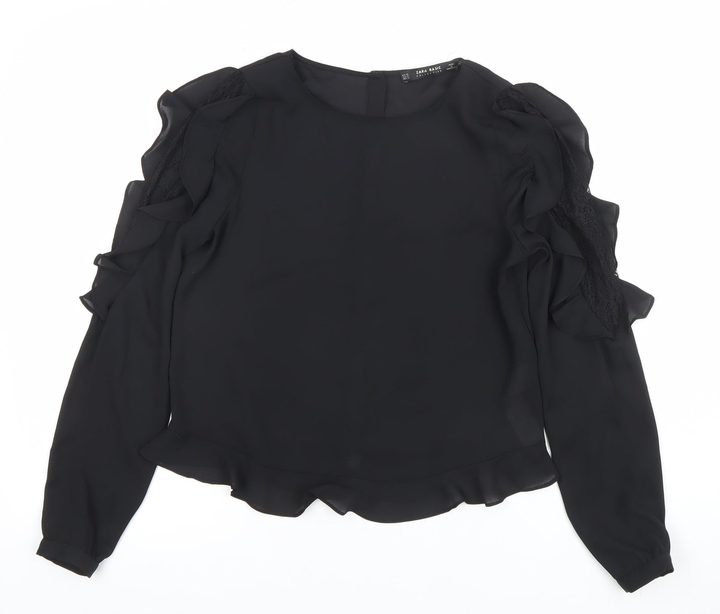 Zara Women Black Ruffle Lace Long Sleeve Tunic Blouse XS