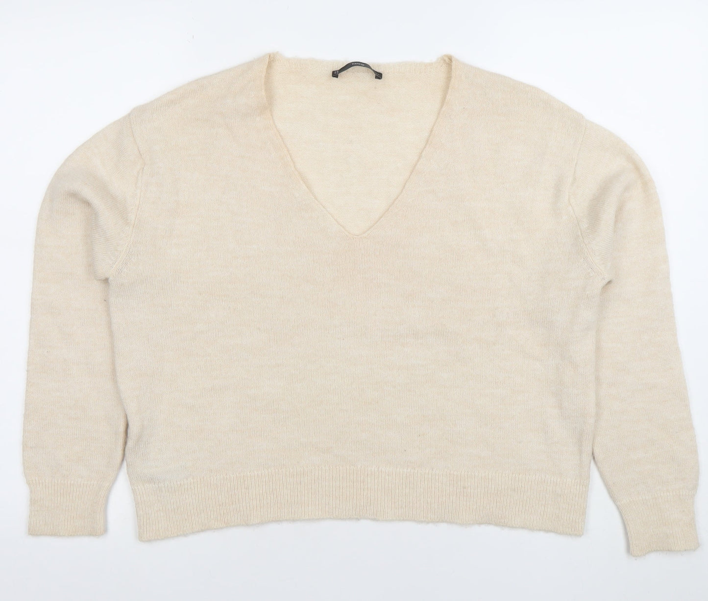 Mango Women Beige V-Neck Wool Blend Jumper Size M