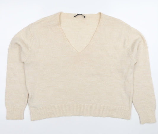 Mango Women Beige V-Neck Wool Blend Jumper Size M